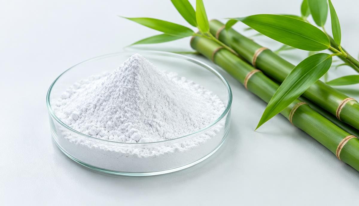 DoseRoutine Silica Fine silica powder in a glass dish beside fresh bamboo stalks