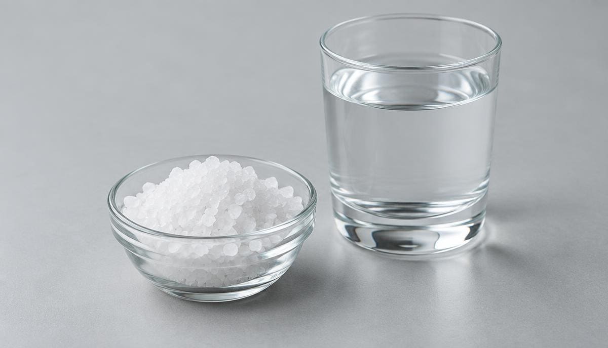 DoseRoutine Sodium Coarse sodium electrolyte salt crystals in a glass dish beside water