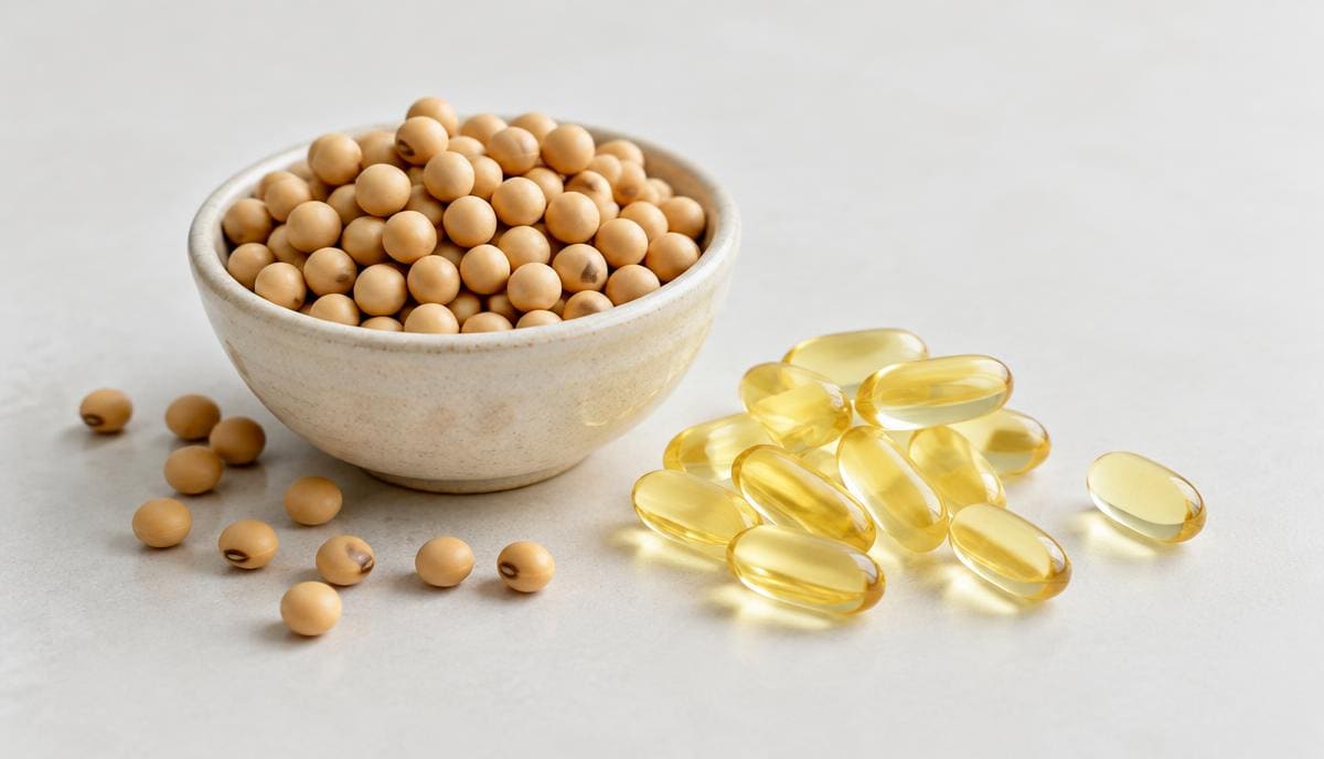 DoseRoutine Soy Isoflavones Dried soybeans in a bowl beside pale yellow softgels