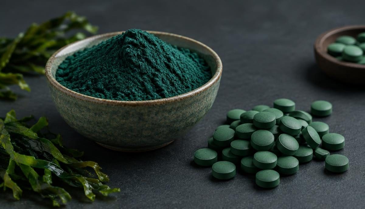 DoseRoutine Spirulina Deep blue-green powder in a bowl beside pressed green tablets