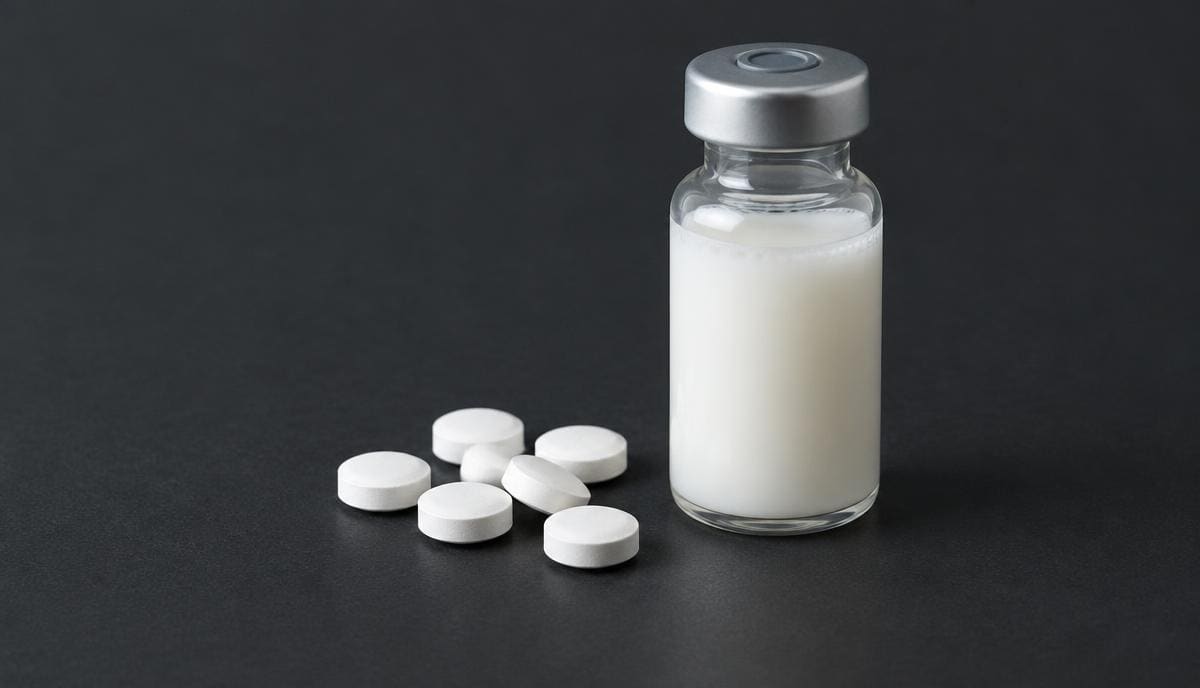 DoseRoutine Stanozolol White tablets beside a vial of milky suspension on charcoal