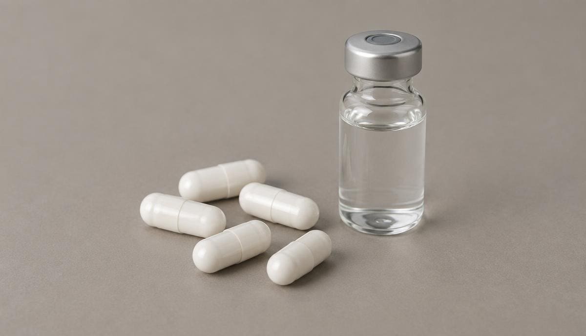 DoseRoutine Tabimorelin Oral capsules in a clear glass dish on a pale grey surface