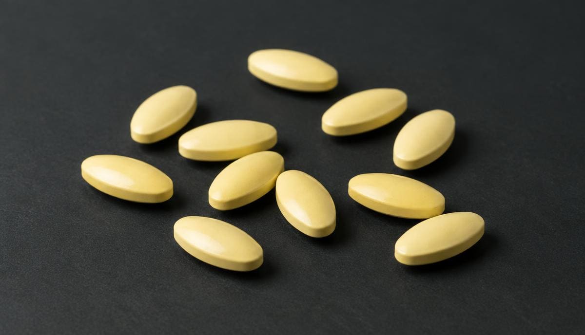 DoseRoutine Tadalafil Pale yellow almond-shaped tablets on a matte charcoal surface