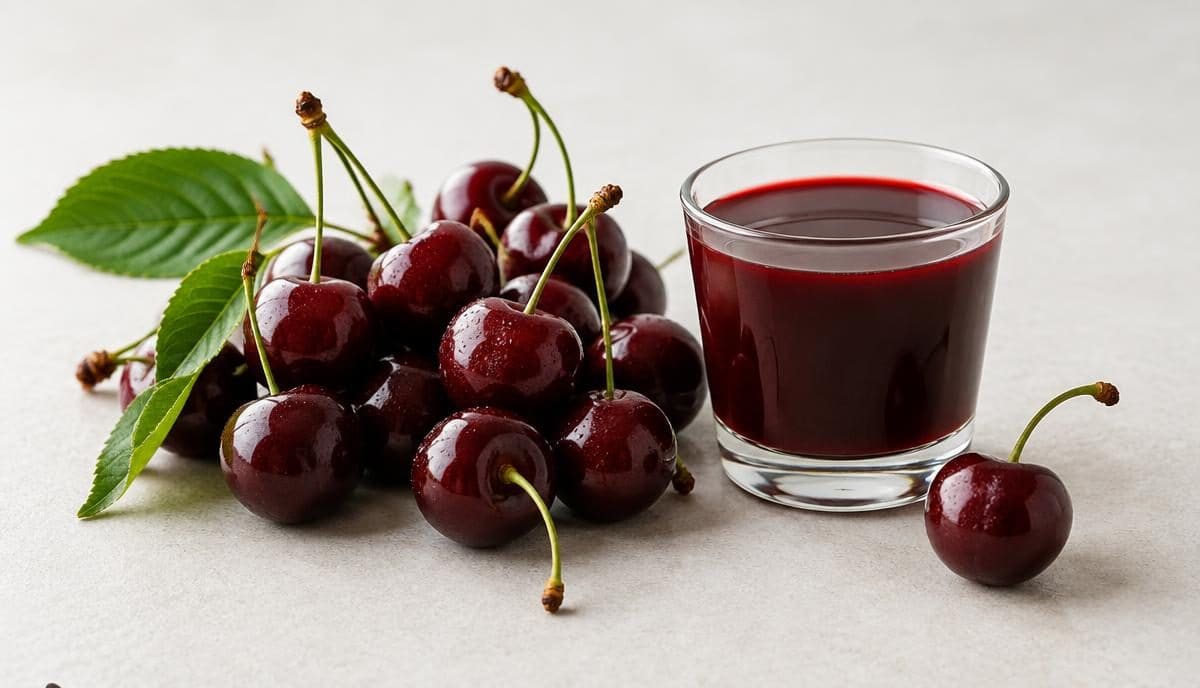 DoseRoutine Tart Cherry Extract Fresh tart cherries beside a glass of deep red concentrate