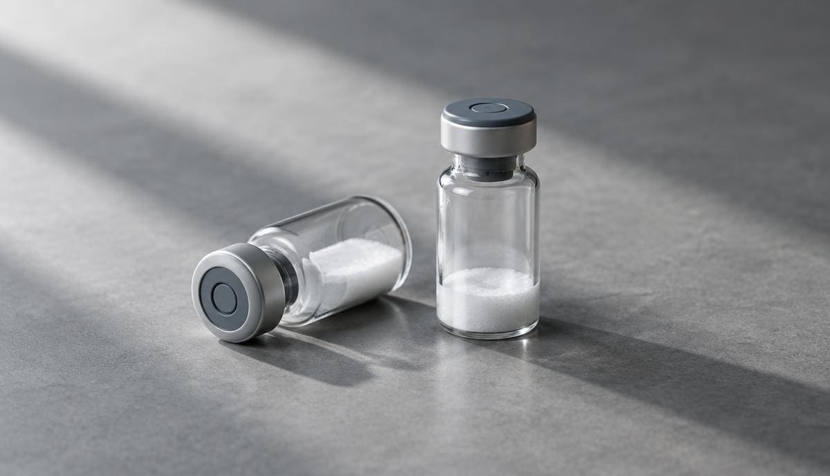 DoseRoutine TB-500 Fragment Two peptide vials with white powder on a matte dark tray