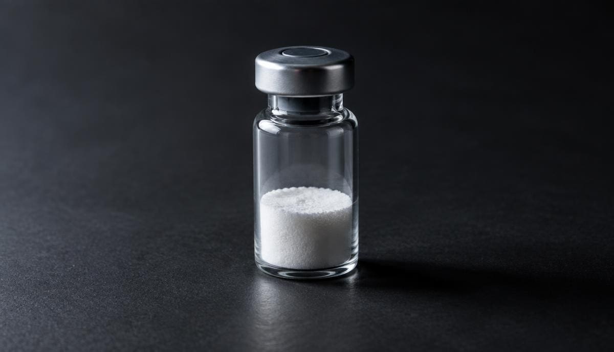 DoseRoutine TB-500 Sealed peptide vial of lyophilized powder beside a syringe