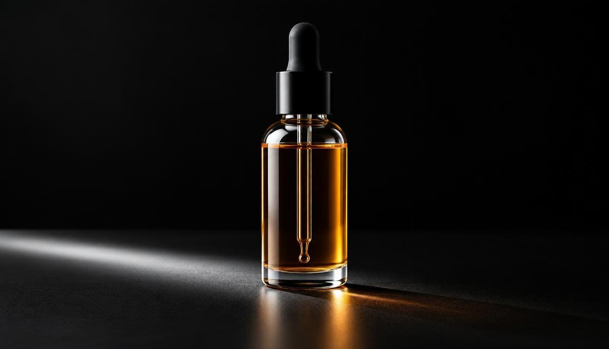 DoseRoutine Testolone Clear dropper bottle of amber liquid on a matte black surface