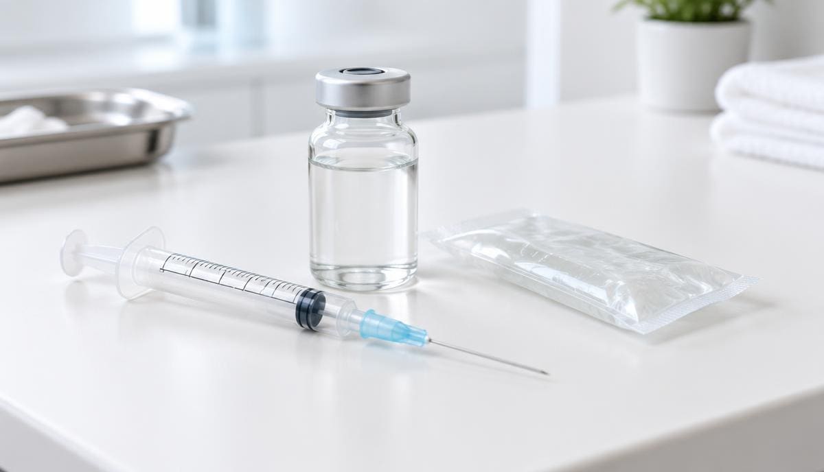 DoseRoutine Testosterone (TRT) Clear solution vial, syringe and gel sachet on a clinic counter