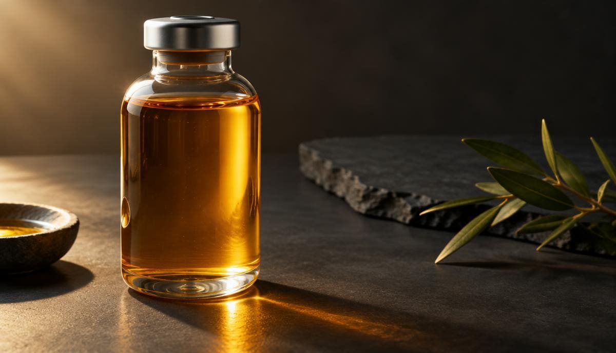 DoseRoutine Testosterone Undecanoate Large vial of viscous amber oil solution on a slate surface