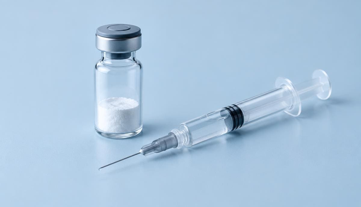 DoseRoutine Thymosin Alpha-1 Sealed peptide vial beside a fine syringe on a pale bench