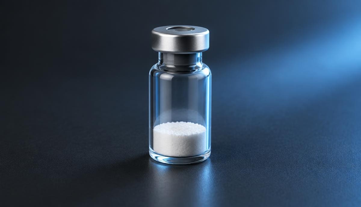 DoseRoutine Thymosin Beta-4 Research vial of lyophilized peptide powder on a dark surface