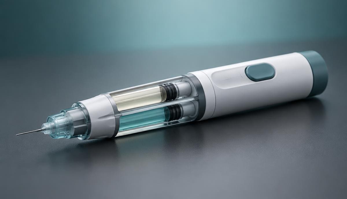 DoseRoutine Tirzepatide Dual-chamber tirzepatide injection pen on a dark clinical surface