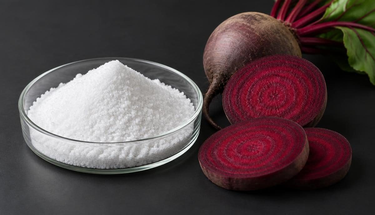 DoseRoutine Trimethylglycine (TMG) White crystalline powder in a glass dish beside sliced beetroot