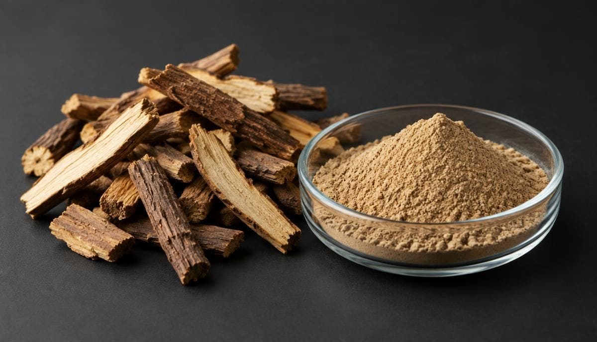 DoseRoutine Tongkat Ali Herbal capsules beside dried root slices on a warm surface
