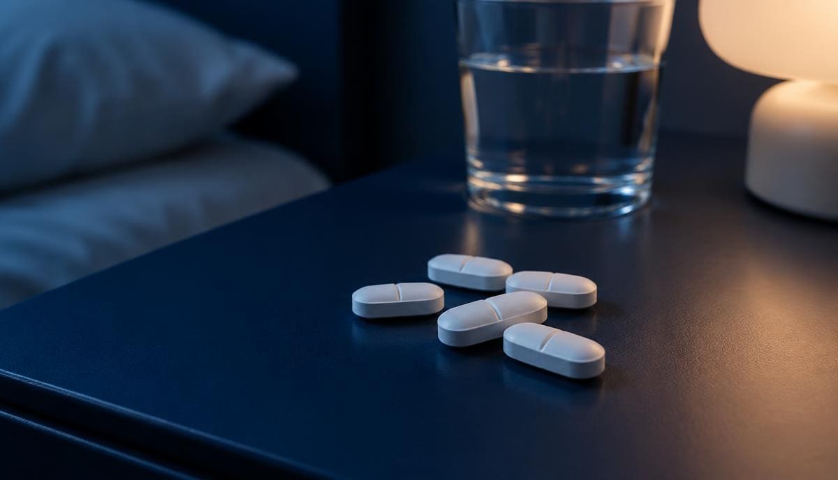 DoseRoutine Trazodone White oblong scored tablets on a bedside table beside a glass of water