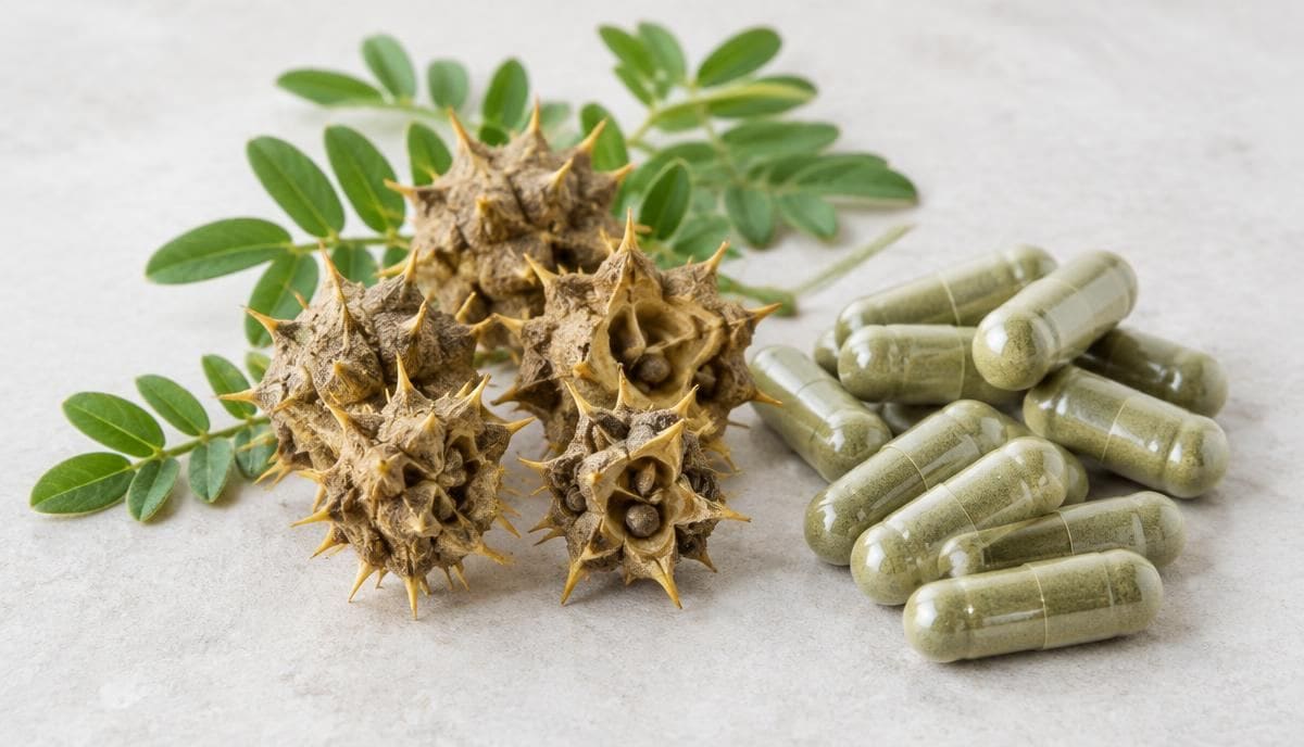 DoseRoutine Tribulus Terrestris Dried spiky tribulus fruit beside green herbal capsules