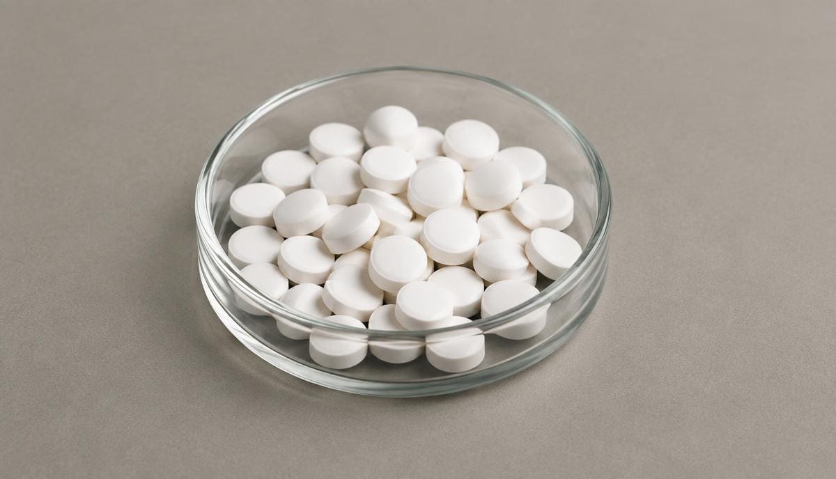 DoseRoutine Turinabol Small white round tablets in a glass dish on warm grey