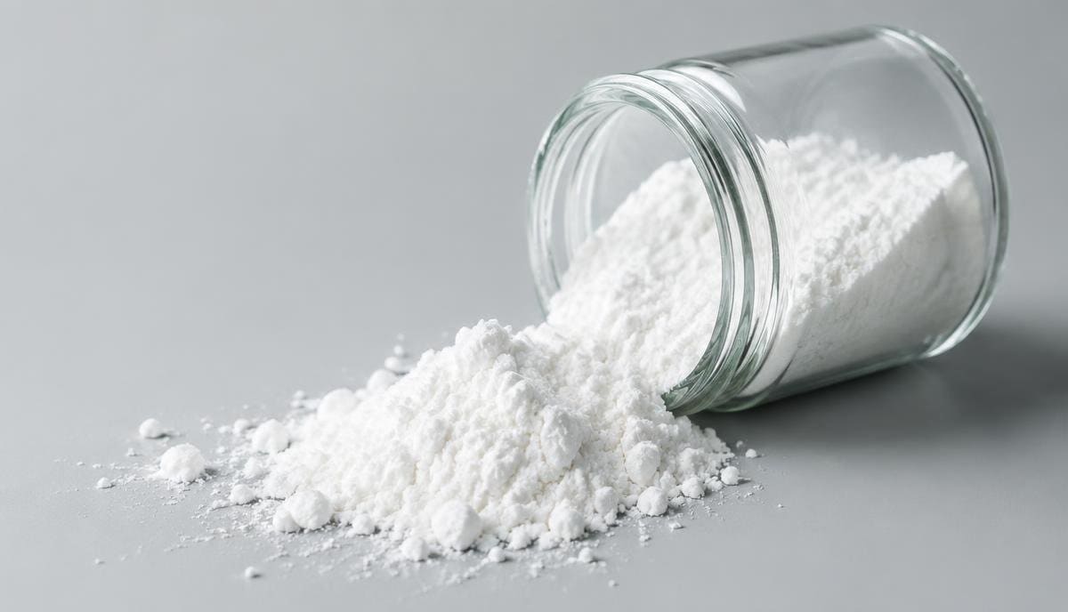 DoseRoutine Tyrosine White amino acid powder in a glass dish beside white capsules