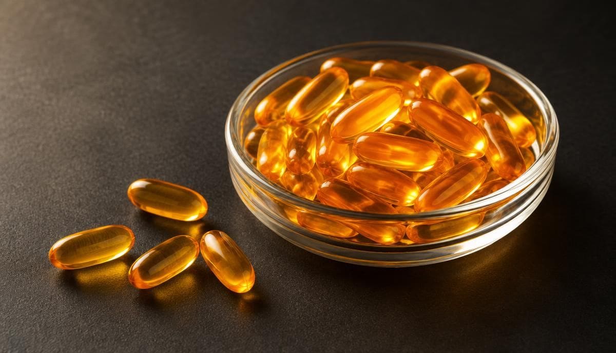 DoseRoutine Coenzyme Q10 (Ubiquinone) Bright orange softgel capsules in a glass dish on charcoal