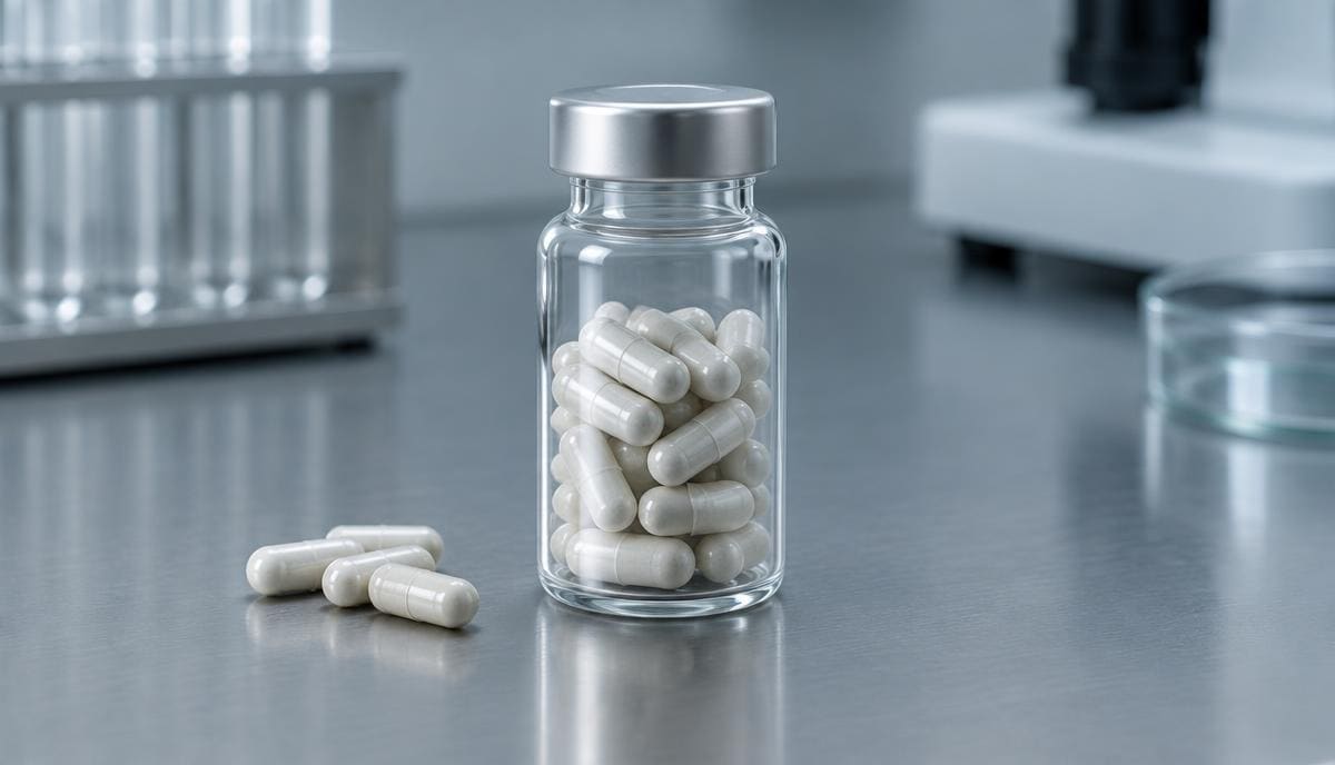 DoseRoutine Vanadium Pale vanadium capsules in a glass vial on a steel laboratory bench