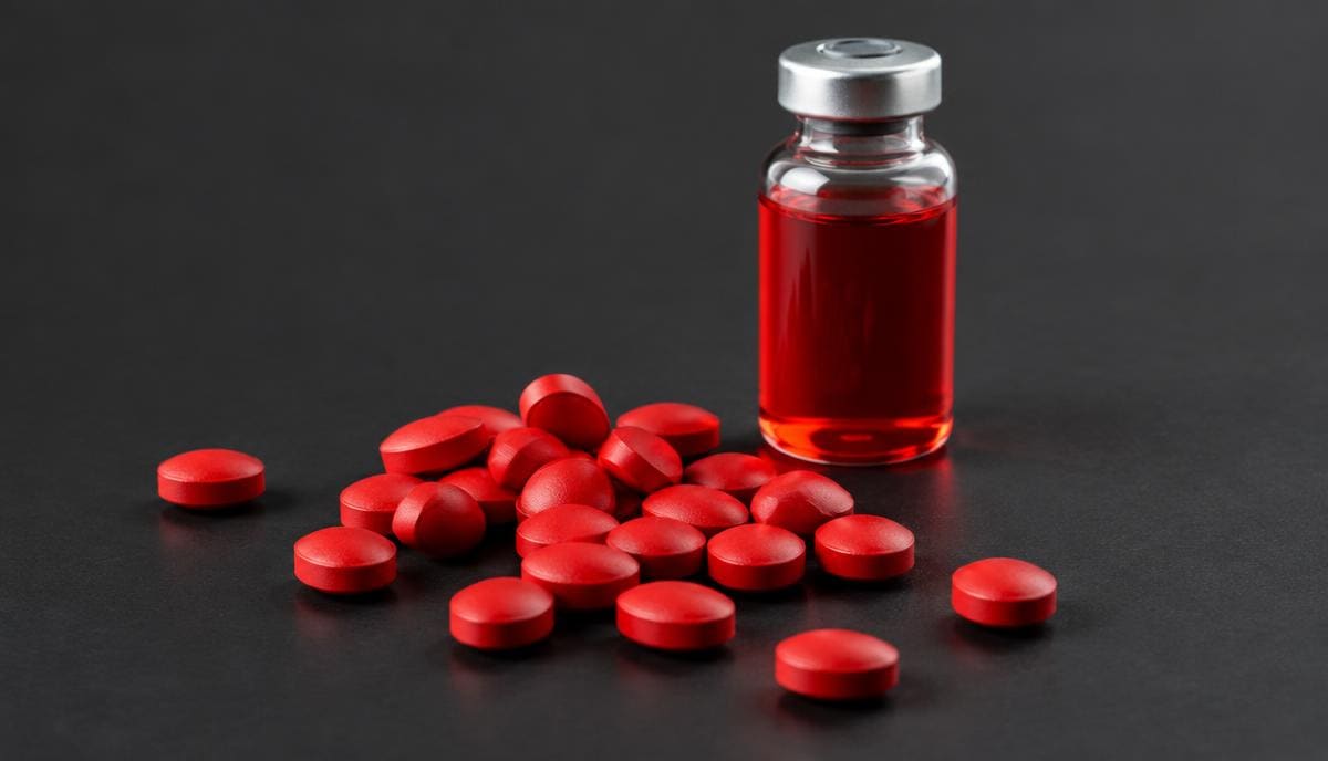 DoseRoutine Vitamin B12 Red vitamin B12 tablets beside an amber dropper bottle