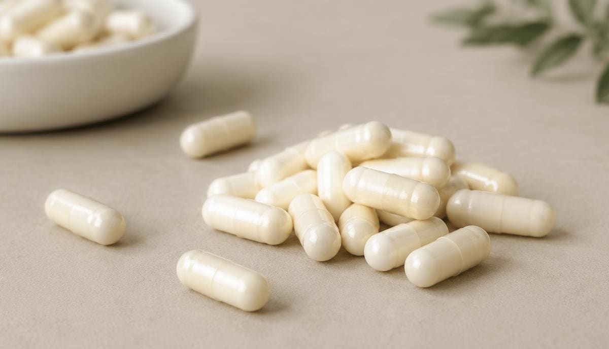 DoseRoutine Vitamin B5 (Pantothenic Acid) Pale pantothenic acid capsules in a shallow ceramic dish