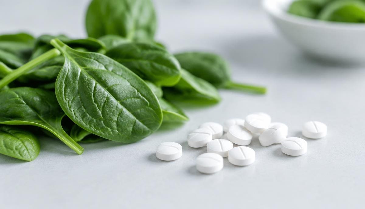 DoseRoutine Vitamin B9 (Folate) Folate tablets beside fresh leafy greens on a light surface