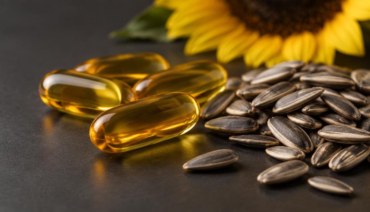 DoseRoutine Vitamin E Large amber vitamin E softgels beside sunflower seeds