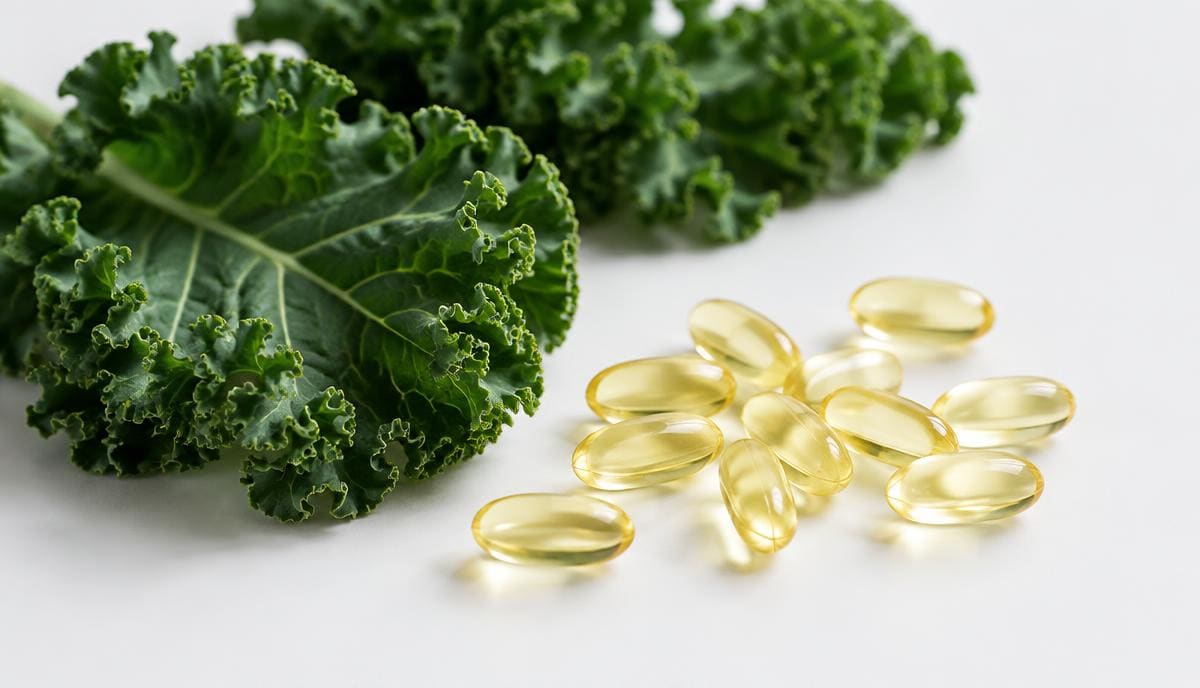 DoseRoutine Vitamin K1 Clear vitamin K1 softgels beside dark green kale leaves