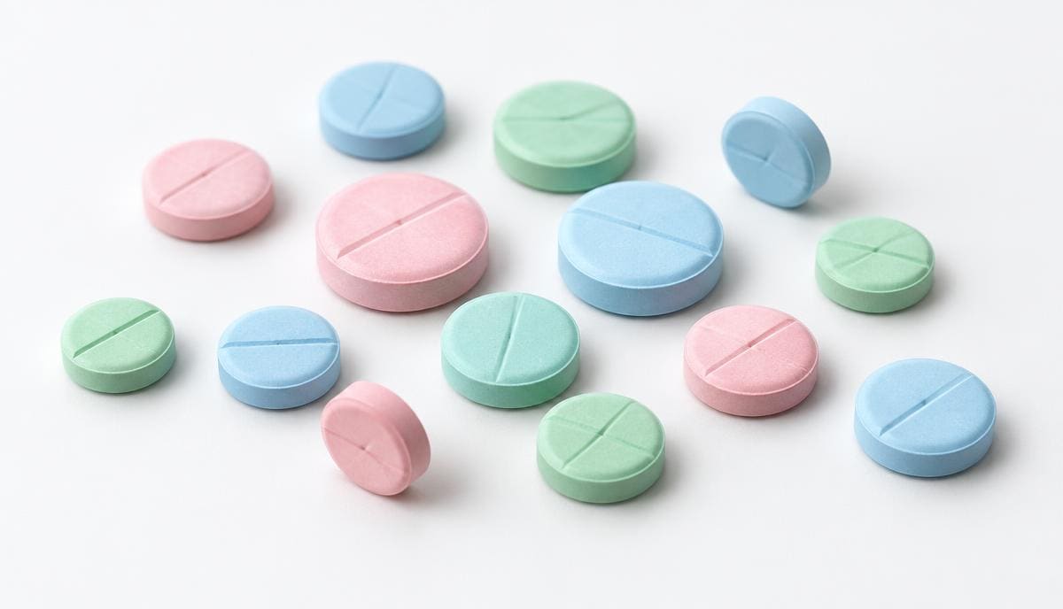 DoseRoutine Warfarin Pastel pink, blue and green scored tablets on a matte white surface