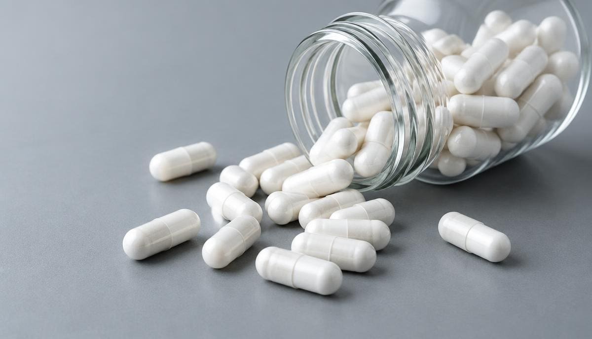 DoseRoutine Zinc Bisglycinate White zinc bisglycinate capsules spilling from a clear glass jar