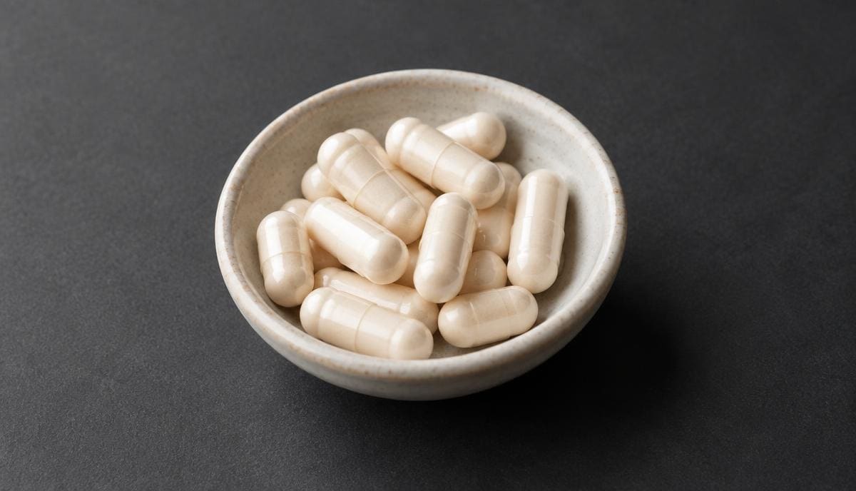 DoseRoutine Zinc Picolinate Ivory zinc picolinate capsules in a small ceramic dish on charcoal