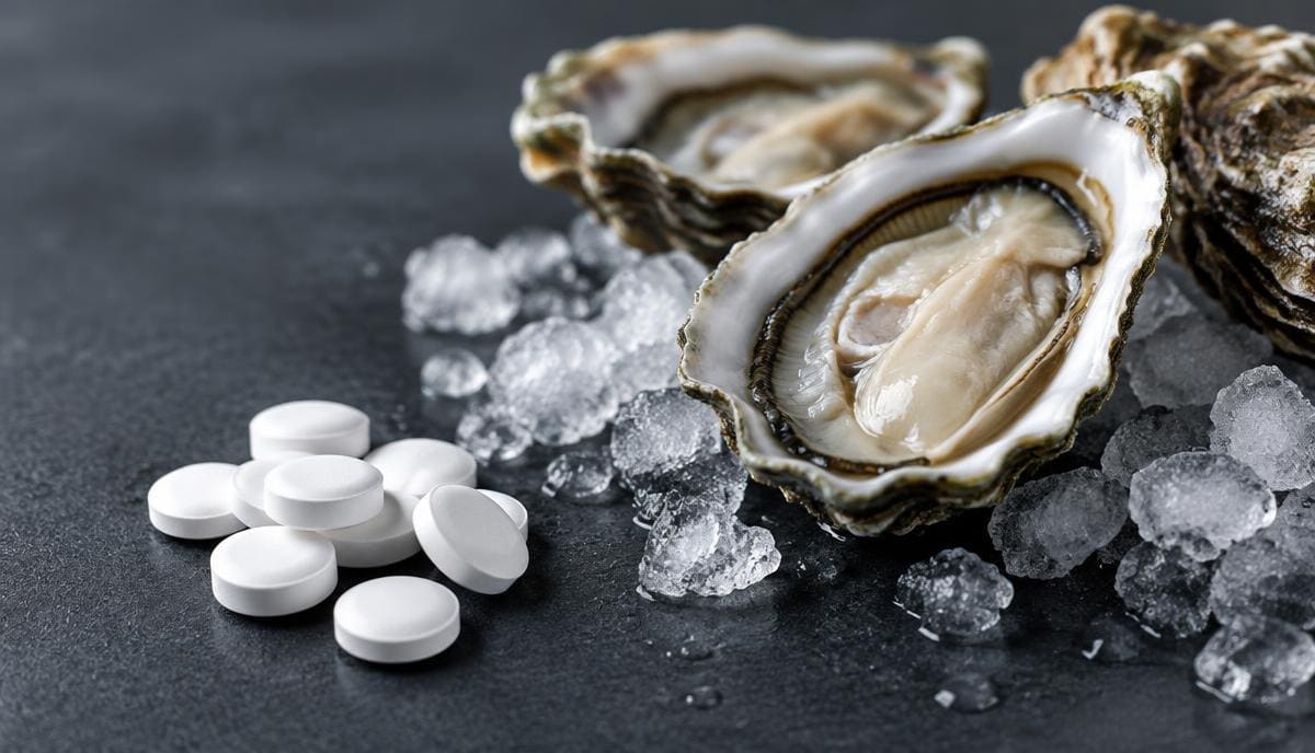 DoseRoutine Zinc White zinc lozenges beside fresh oysters on ice