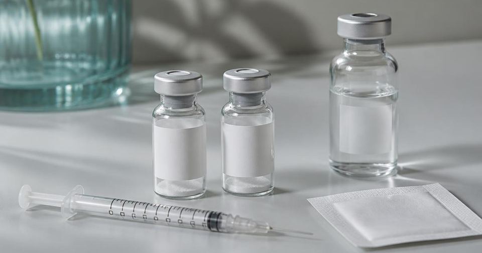 Flat-lay photograph of two lyophilised peptide vials for a CJC-1295 and ipamorelin stack, a U-100 insulin syringe, a vial of bacteriostatic water and an alcohol swab on a light gray surface