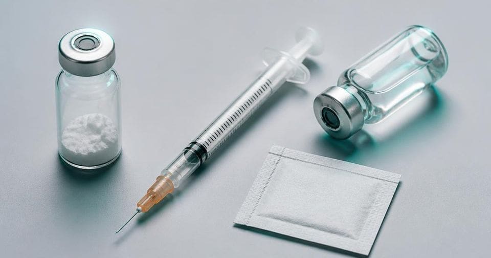 Flat-lay photograph of a lyophilized retatrutide vial, a U-100 insulin syringe marked in units, an alcohol swab and a vial of bacteriostatic water arranged on a light gray surface