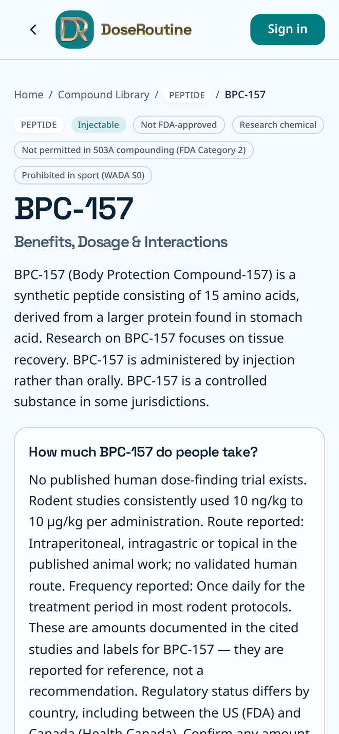 DoseRoutine compound library page for BPC-157